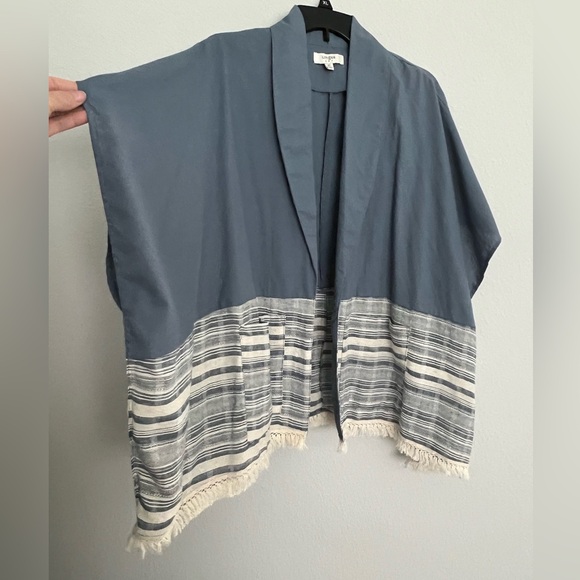 Umgee Boho Blue Kimono Wide Stripe Bottom Natural Fringe Trim Lapel Cardigan M/L - Picture 1 of 8